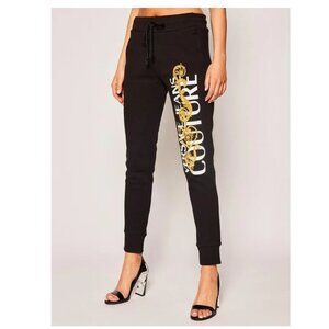 Versace Jeans Couture Black Track Pants with Gold Embroidery Logo, Size S, NWT